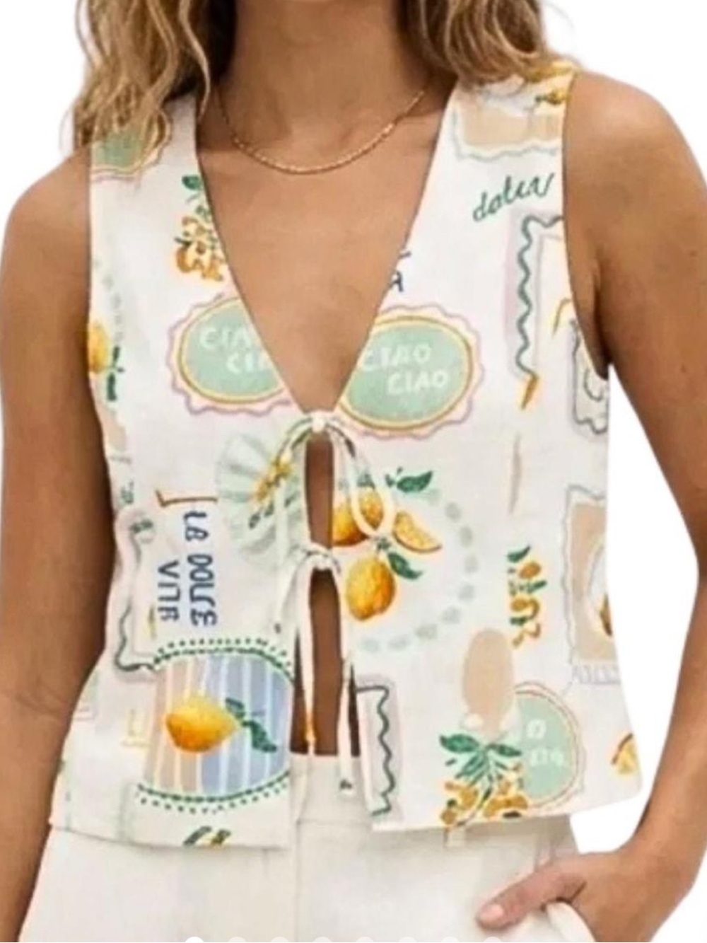 Paper Heart M Linen Blend Tie Front Vest Italian Fruit Lemon La Dolce Vita